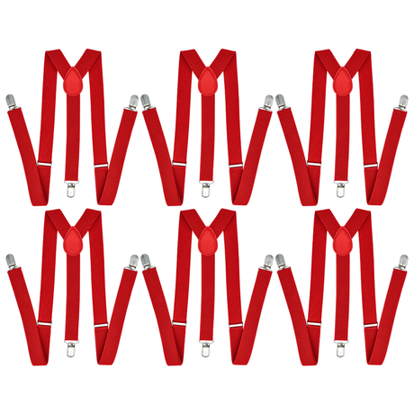 6x Red 35mm Wide Suspenders Bulk Pack - Unisex Adjustable Clip On Elastic Y-Back Braces