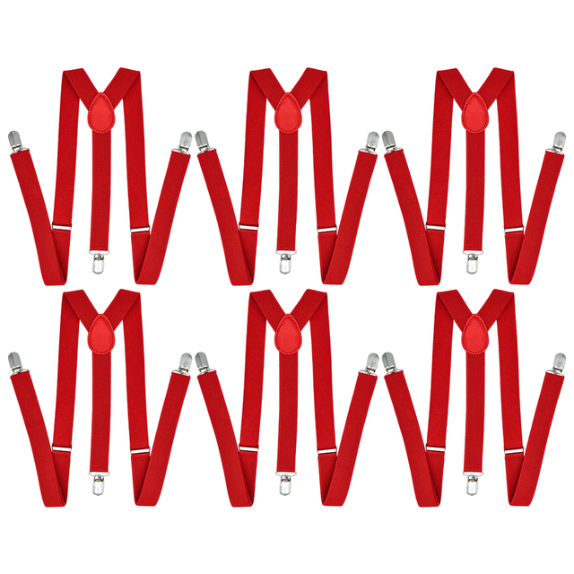 6x Red 35mm Wide Suspenders Bulk Pack - Unisex Adjustable Clip On Elastic Y-Back Braces