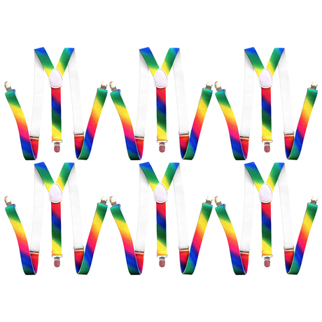6x Rainbow 35mm Wide Suspenders Bulk Pack - Unisex Adjustable Clip On Elastic Y-Back Braces