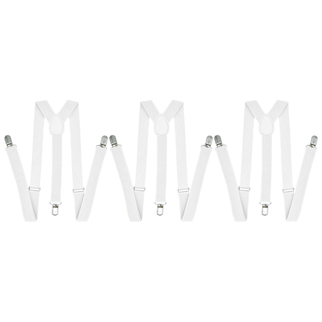3x White 35mm Wide Suspenders Bulk Pack - Unisex Adjustable Clip On Elastic Y-Back Braces