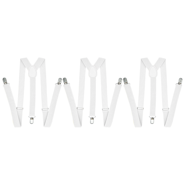 3x White 35mm Wide Suspenders Bulk Pack - Unisex Adjustable Clip On Elastic Y-Back Braces