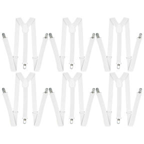 6x White 35mm Wide Suspenders Bulk Pack - Unisex Adjustable Clip On Elastic Y-Back Braces