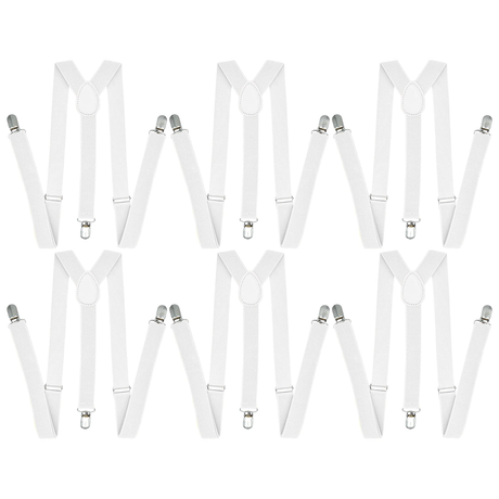 6x White 35mm Wide Suspenders Bulk Pack - Unisex Adjustable Clip On Elastic Y-Back Braces