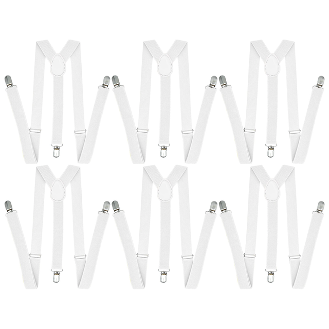 6x White 35mm Wide Suspenders Bulk Pack - Unisex Adjustable Clip On Elastic Y-Back Braces