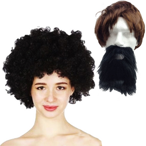 Black Afro Wig + Beard Moustache 2pc Costume Set for Fancy Dress Party