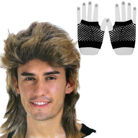 2Pcs Set Golden Blonde Bullet Wig + Fishnet Gloves 70s 80s Womens Costume Party - Blue - One Size Fits Most