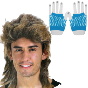 2pcs Golden Blonde Bullet Wig + Blue Fishnet Gloves Set - 70s/80s Womens (Costume Party)