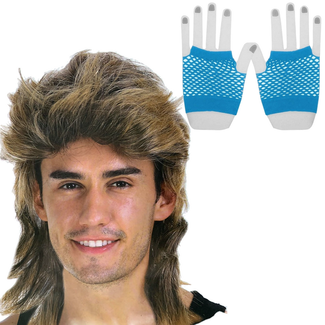 2pcs Golden Blonde Bullet Wig + Blue Fishnet Gloves Set - 70s/80s Womens (Costume Party)