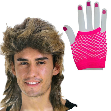 2Pcs Set Golden Blonde Bullet Wig + Fishnet Gloves 70s 80s Womens Costume Party - HOTPINK - One-Size
