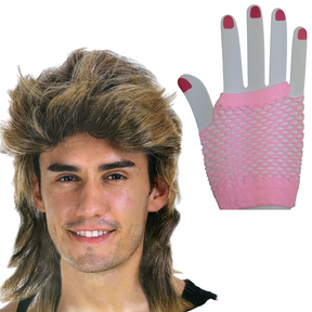 2Pcs Set Golden Blonde Bullet Wig + Fishnet Gloves 70s 80s Womens Costume Party - LIGHTPINK - One Size Fits Most