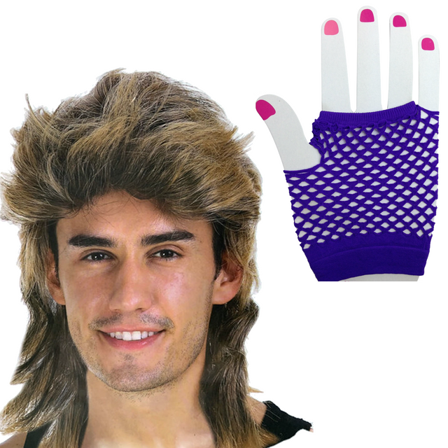 2pcs Golden Blonde Bullet Wig + Purple Fishnet Gloves Set - 70s/80s Womens (Costume Party)
