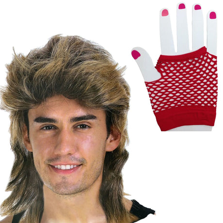 2Pcs Set Golden Blonde Bullet Wig + Fishnet Gloves 70s 80s Womens Costume Party - Red - One-Size