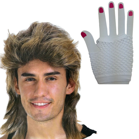 2Pcs Set Golden Blonde Bullet Wig + Fishnet Gloves 70s 80s Womens Costume Party - White - One-Size