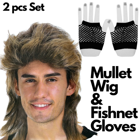 2Pcs Set Golden Blonde Bullet Wig + Fishnet Gloves 70s 80s Womens Costume Party - Blue - One Size Fits Most