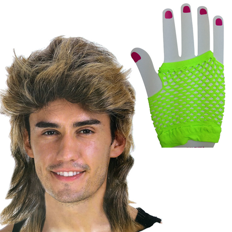 2Pcs Set Golden Blonde Bullet Wig + Fishnet Gloves 70s 80s Womens Costume Party - Blue - One Size Fits Most