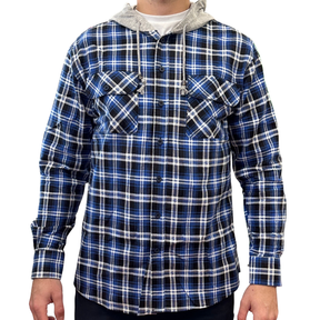 Mens Flannelette Shirt w Jersey Hood - Denim Blue (100% Cotton Long Sleeve Flannel)