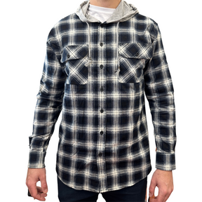 Mens Flannelette Shirt w Jersey Hood - Black (100% Cotton Long Sleeve Flannel)