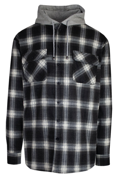 Mens Cotton Flannelette Shirt w Jersey Hood Long Sleeve Flannel