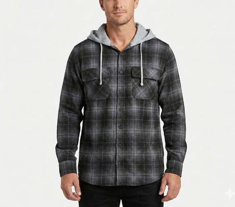Mens Cotton Flannelette Hooded Shirt Jacket - Charcoal (100% Cotton Long Sleeve Flannel)