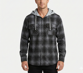 Mens Cotton Flannelette Hooded Shirt Jacket - Charcoal (100% Cotton Long Sleeve Flannel)