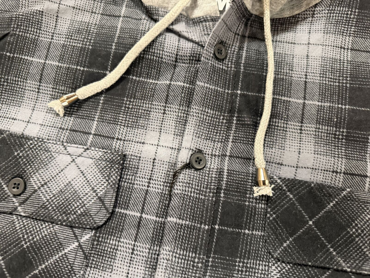 Mens Cotton Flannelette Hooded Shirt Jacket - Charcoal (100% Cotton Long Sleeve Flannel)