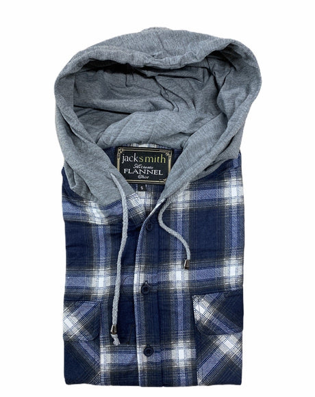Mens Cotton Flannelette Shirt w Jersey Hood Long Sleeve Flannel - Green