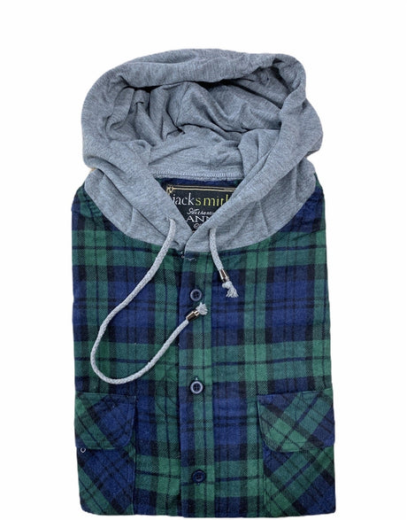 Mens Cotton Flannelette Shirt w Jersey Hood Long Sleeve Flannel - Navy