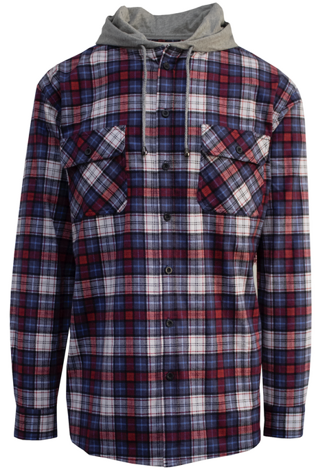 Mens Cotton Flannelette Shirt w Jersey Hood Long Sleeve Flannel - Turquoise