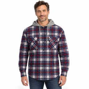Mens Cotton Flannelette Shirt w Jersey Hood Long Sleeve Flannel - Navy - S