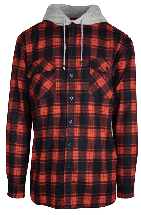 Mens Cotton Flannelette Shirt w Jersey Hood Long Sleeve Flannel - Black
