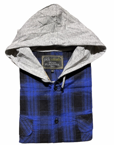 Mens Cotton Flannelette Shirt w Jersey Hood Long Sleeve Flannel - Red