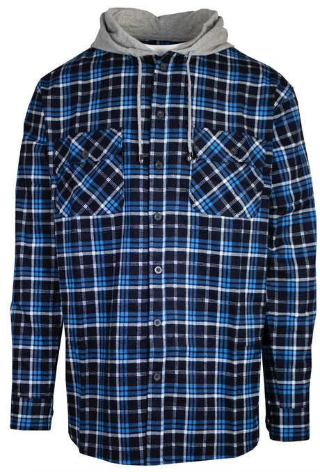 Mens Cotton Flannelette Shirt w Jersey Hood Long Sleeve Flannel - Royal Blue