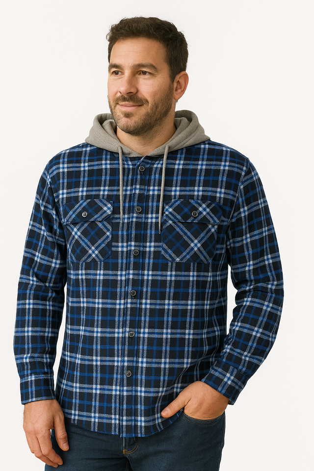 Mens Flannelette Shirt w Jersey Hood - Turquoise (100% Cotton Long Sleeve Flannel)