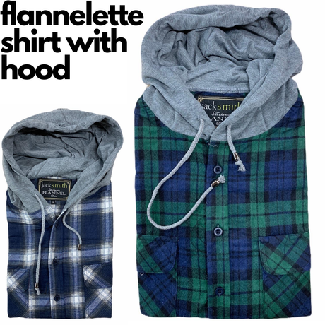 Mens Cotton Flannelette Shirt w Jersey Hood Long Sleeve Flannel - Denim