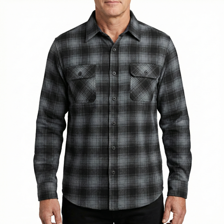 Mens Long Sleeve Flannelette Shirt - Grey/Black (100% Cotton Check Full Placket Flannel)
