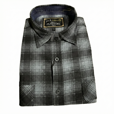 Mens Long Sleeve Flannelette Shirt - Grey/Black (100% Cotton Check Full Placket Flannel)