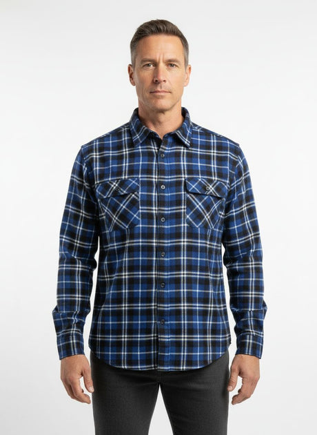 Mens 100% Cotton Flannelette Long Sleeve Shirt in Royal/Navy