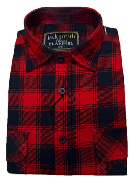 Mens Long Sleeve Flannelette Shirt - Red/Navy (100% Cotton Check Full Placket Flannel)
