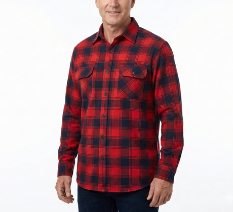Mens Long Sleeve Flannelette Shirt - Red/Navy (100% Cotton Check Full Placket Flannel)