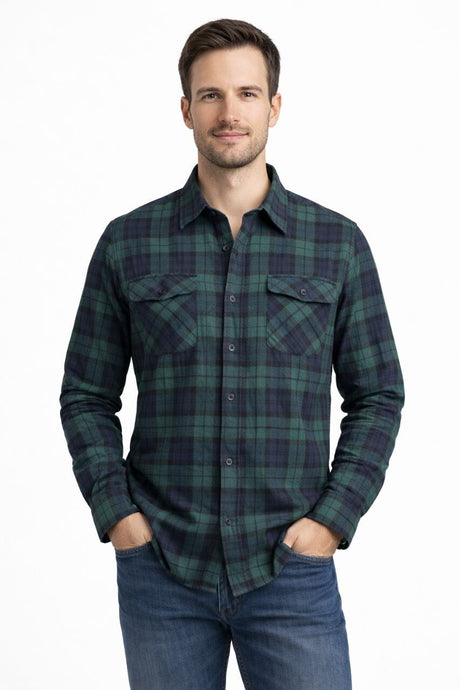 Mens 100% Cotton Flannelette Long Sleeve Shirt in Green/Navy