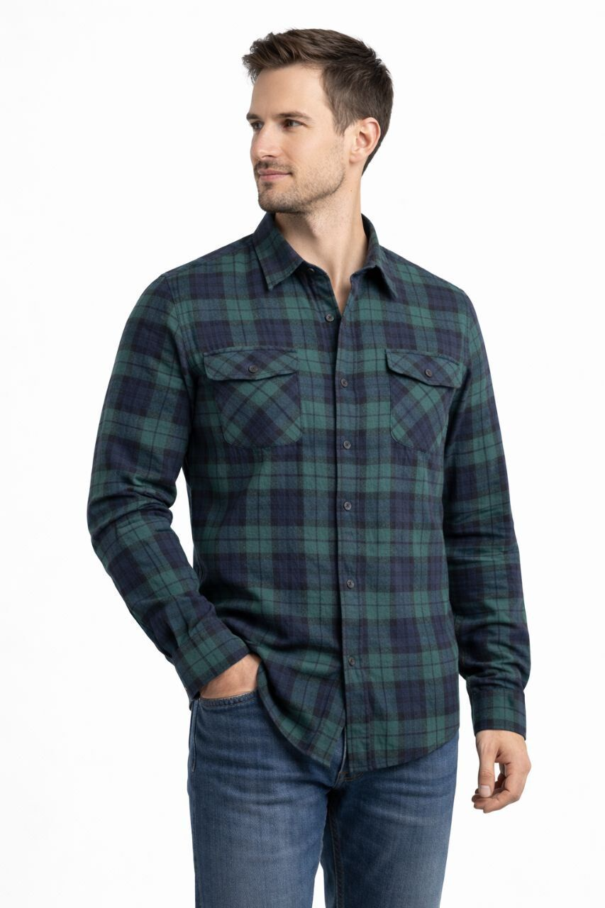 Mens 100% Cotton Flannelette Long Sleeve Shirt in Green/Navy