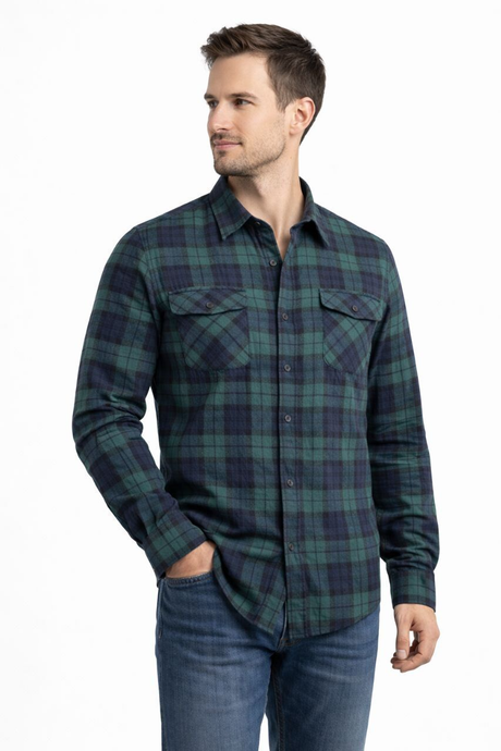 Mens 100% Cotton Flannelette Long Sleeve Shirt in Green/Navy