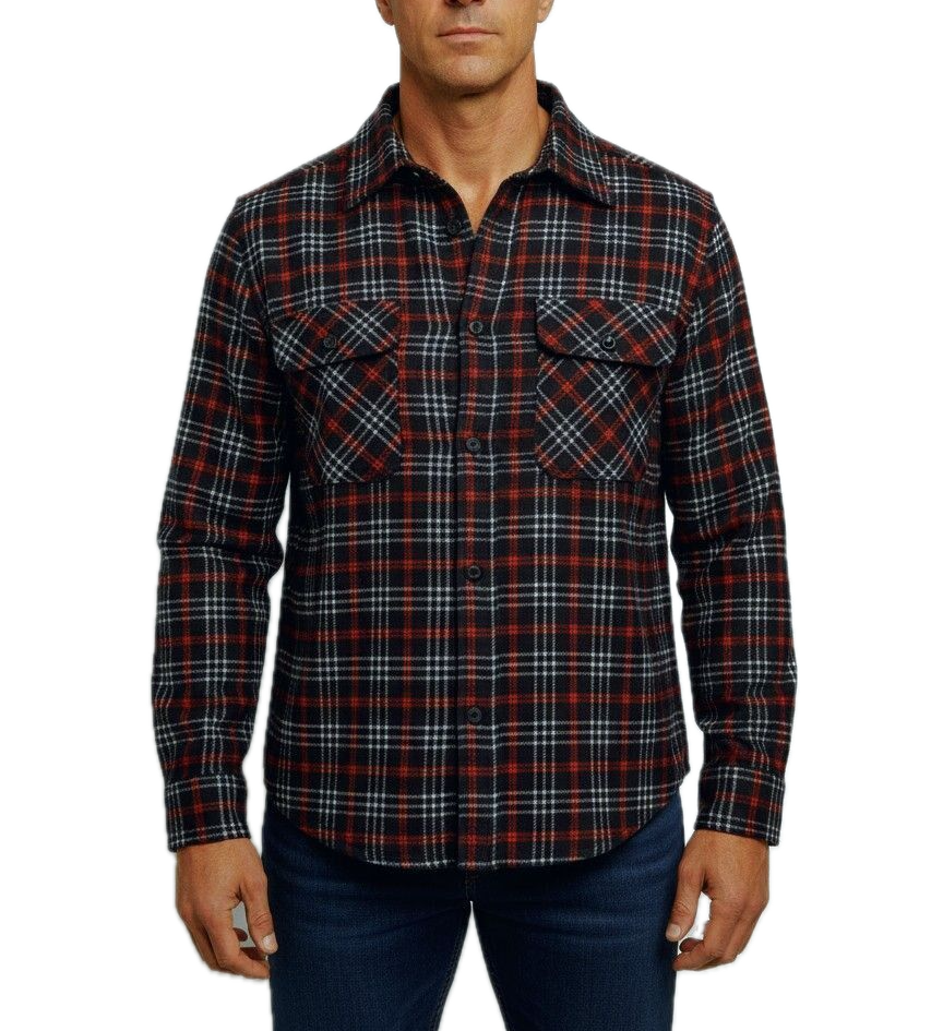 Mens 100% Cotton Flannelette Long Sleeve Shirt in Black/Red Small Check