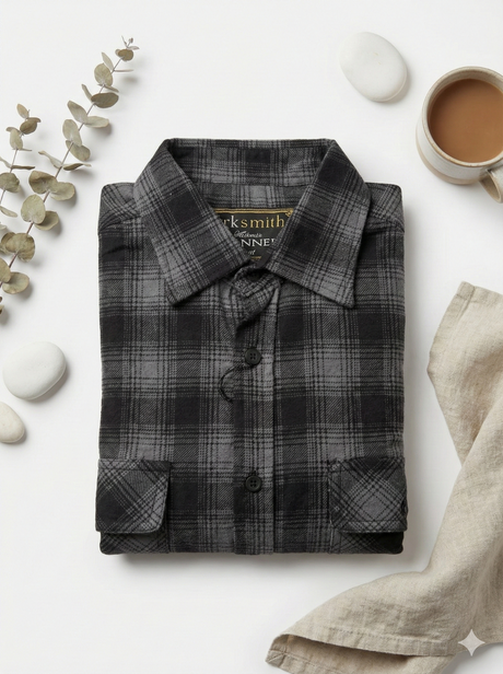 Mens 100% Cotton Flannelette Long Sleeve Shirt in Charcoal/Black Check