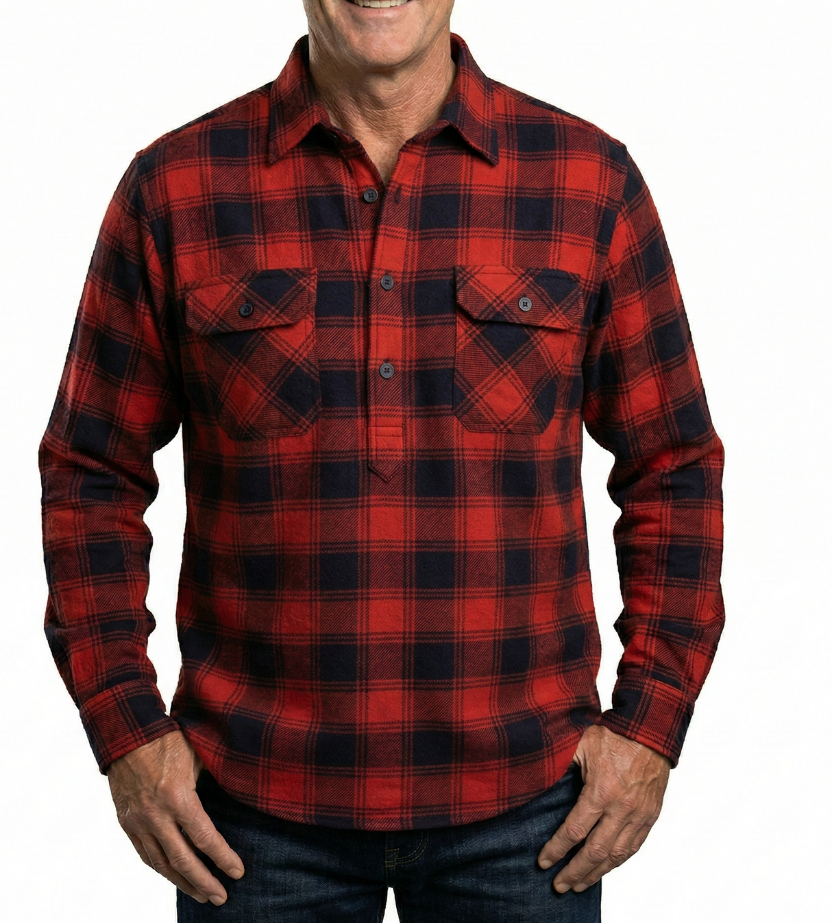 Mens Long Sleeve Flannel Pullover Shirt - Red/Navy (100% Cotton Half Button Flannelette)