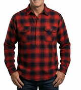 Mens Long Sleeve Flannel Pullover Shirt - Red/Navy (100% Cotton Half Button Flannelette)