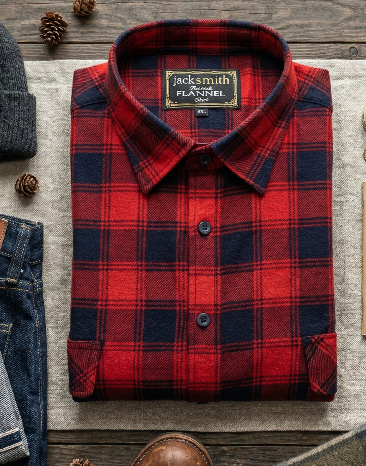Mens Long Sleeve Flannel Pullover Shirt - Red/Navy (100% Cotton Half Button Flannelette)