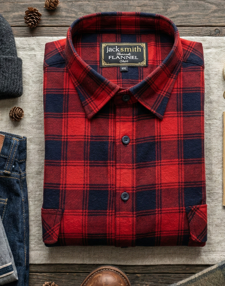 Mens Long Sleeve Flannel Pullover Shirt - Red/Navy (100% Cotton Half Button Flannelette)