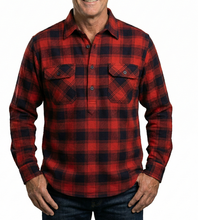 Mens Long Sleeve Flannel Pullover Shirt - Red/Navy (100% Cotton Half Button Flannelette)
