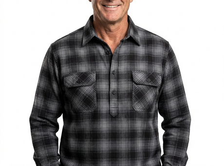 Mens Long Sleeve Flannel Pullover Shirt - Black/Grey (100% Cotton Half Button Flannelette)
